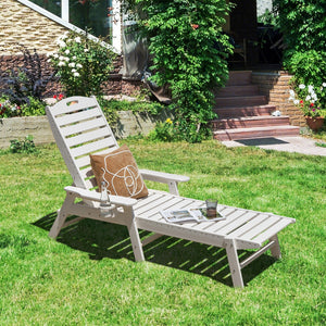 Weatherproof Patio Lounge Chair with Adjustable Back and Cup Holder-White view 2