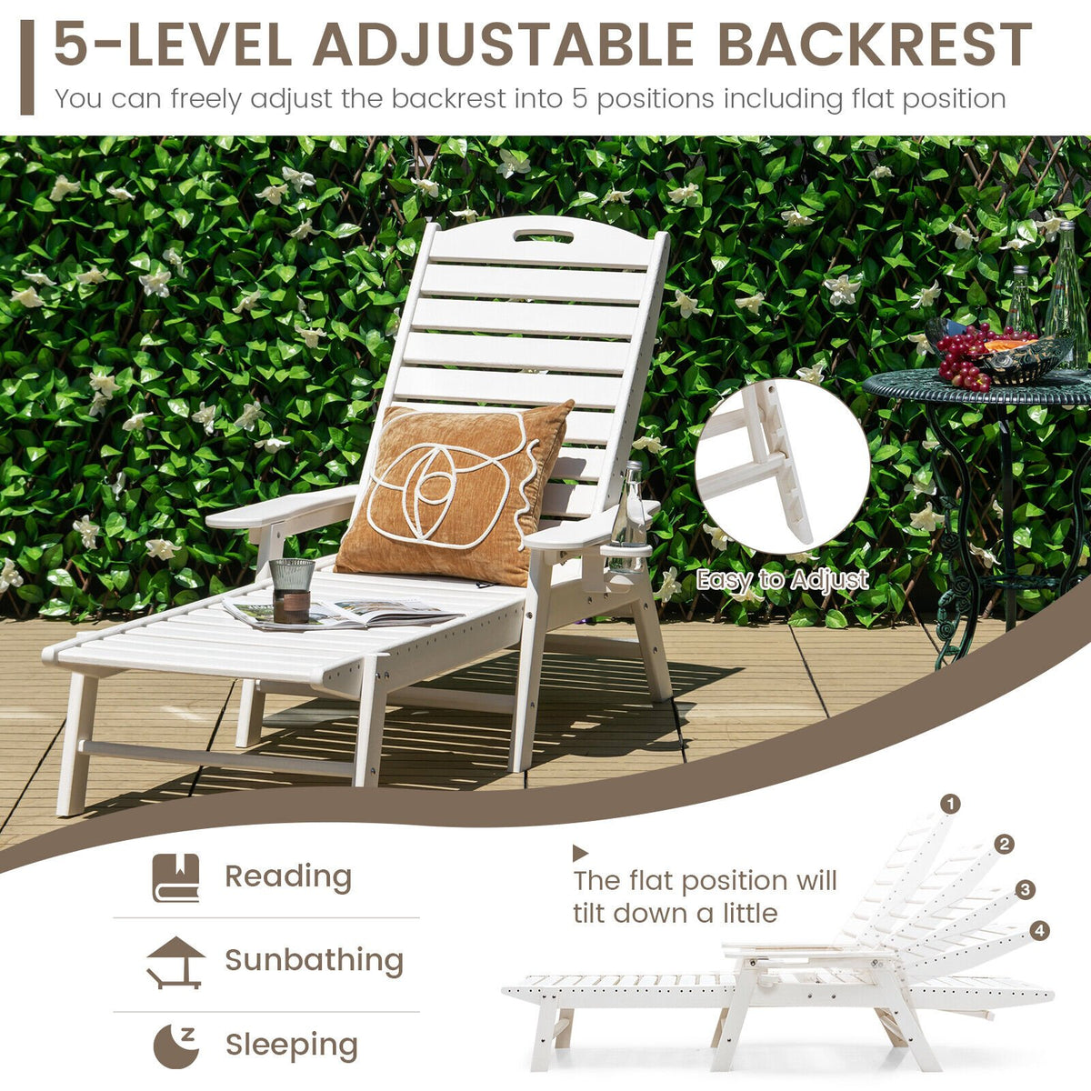 Weatherproof Patio Lounge Chair with Adjustable Back and Cup Holder-White view 3