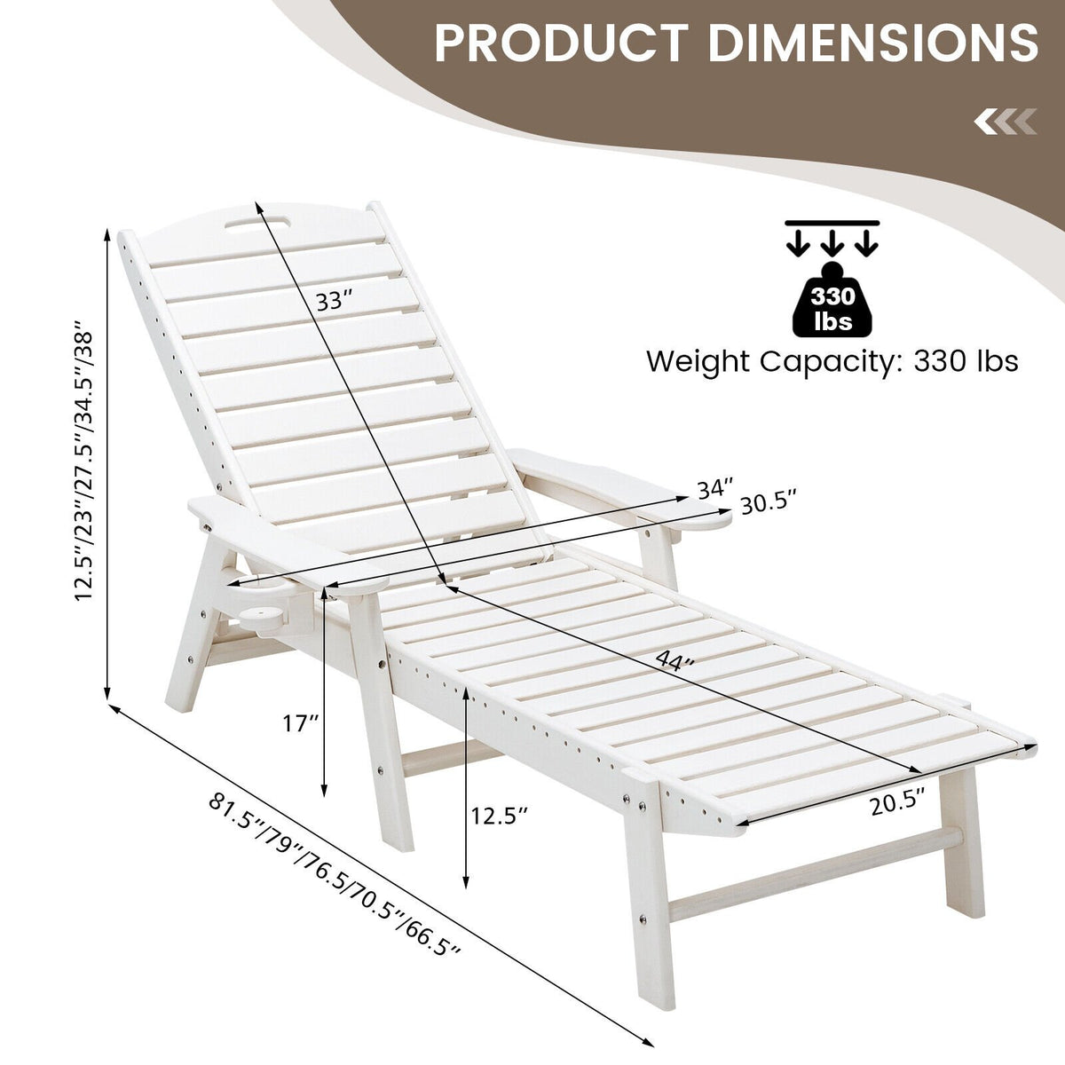 Weatherproof Patio Lounge Chair with Adjustable Back and Cup Holder-White view 4