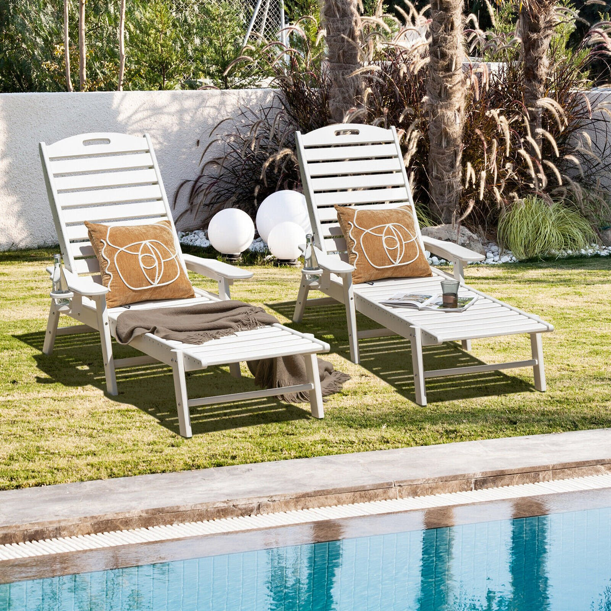 Weatherproof Patio Lounge Chair with Adjustable Back and Cup Holder-White view 6