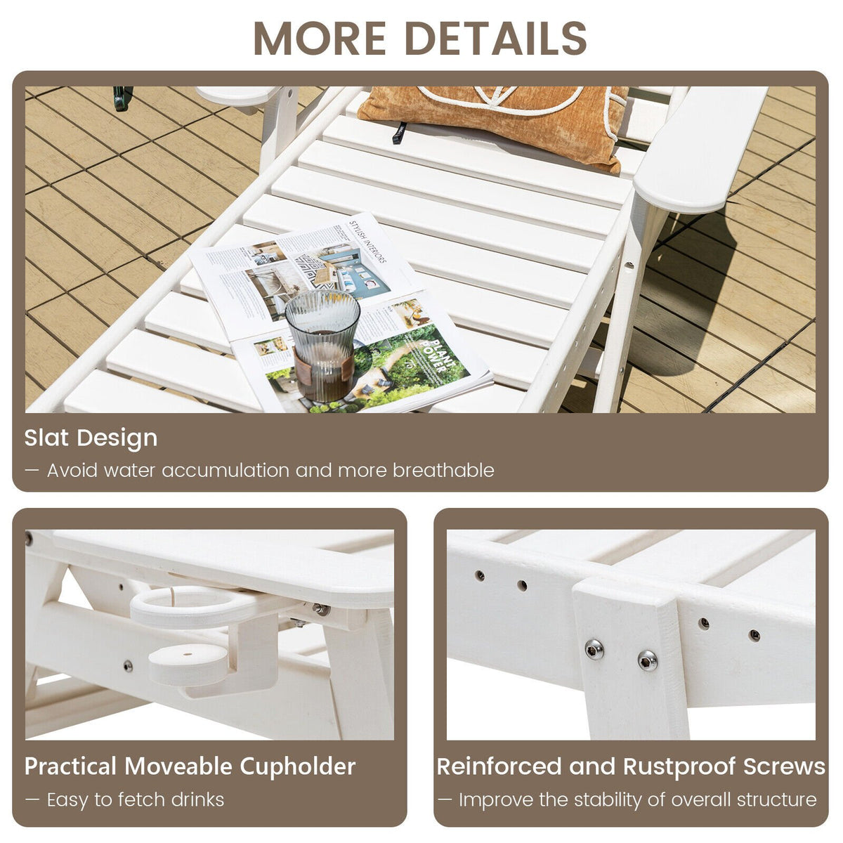 Weatherproof Patio Lounge Chair with Adjustable Back and Cup Holder-White view 7