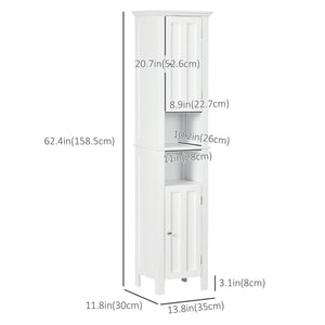 Bathroom Cabinet, Freestanding Linen Cabinet with Open Shelves, 13.8" x 11.8" x 62.4", White