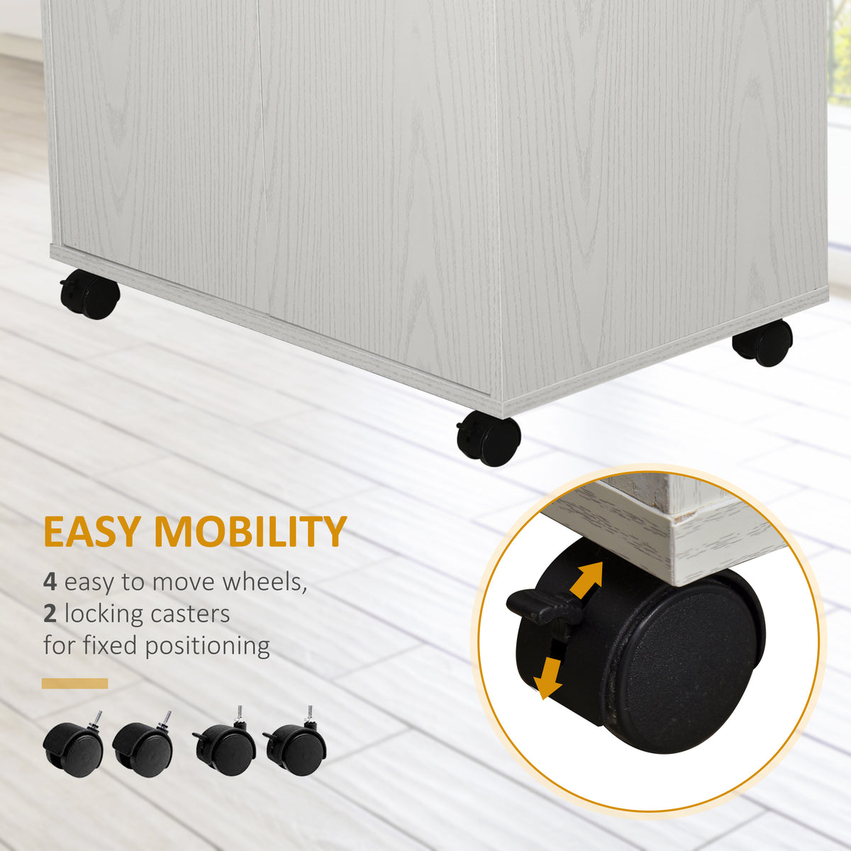 Microwave Cart on Wheels Utility Trolley Storage Sideboard Bookcase with 2-door Cabinet, Grey Wood Grain