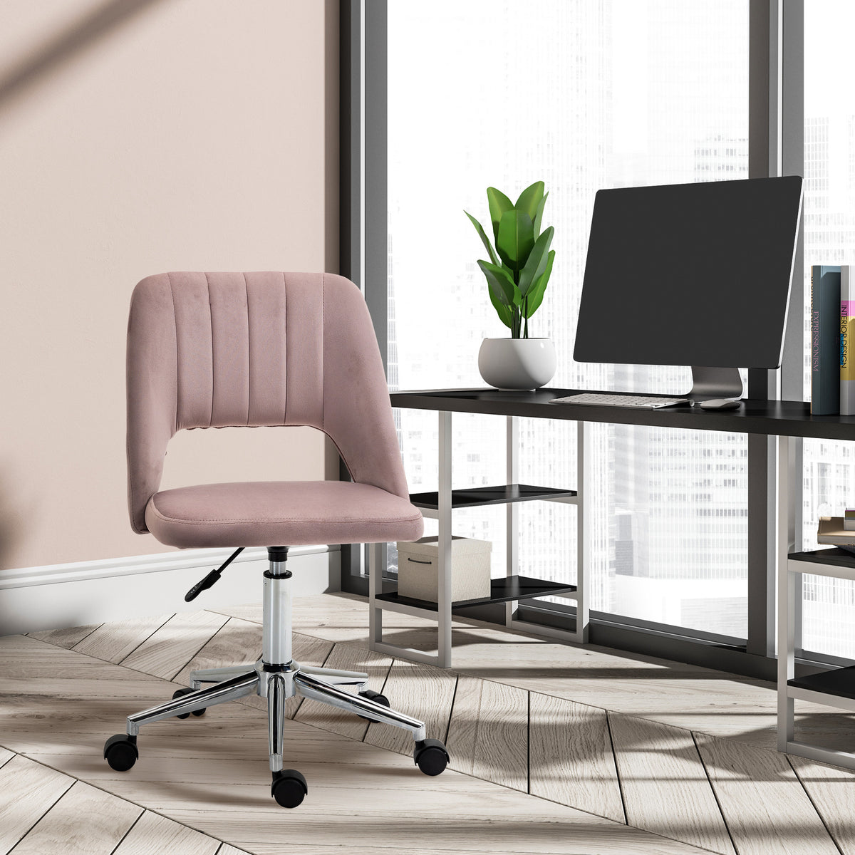 Mid Back Office Chair Velvet Fabric Swivel Scallop Shape Computer Desk Chair, Green – view 56