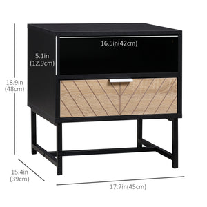 Modern Bedside Table with Drawer, Nightstand with Storage Shelf, Sofa End Table for Bedroom, Black and Oak