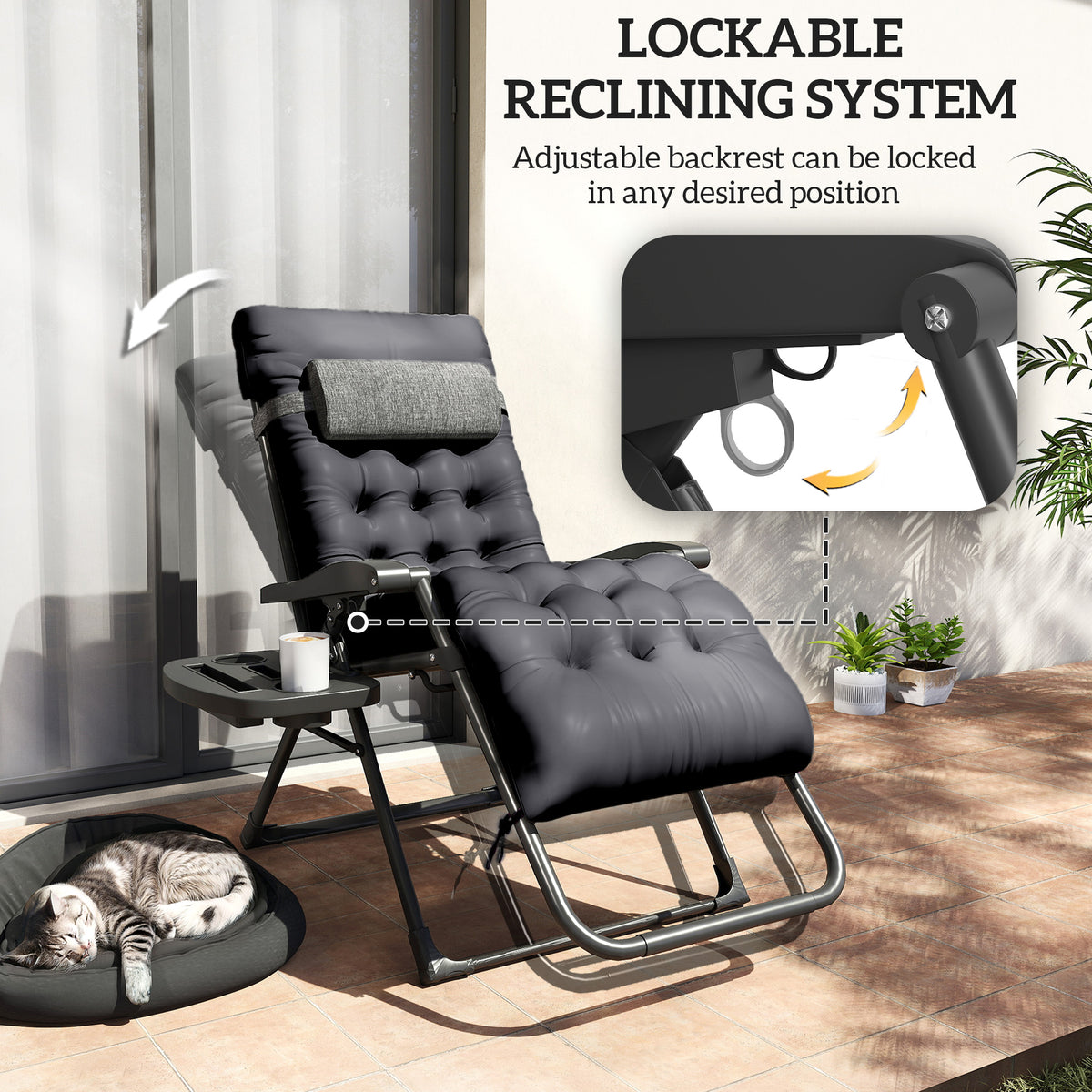 Padded Folding Recliner Chair, Patio Lounger with Cupholder, Adjustable Backrest, Removable Cushion, Black – view 3