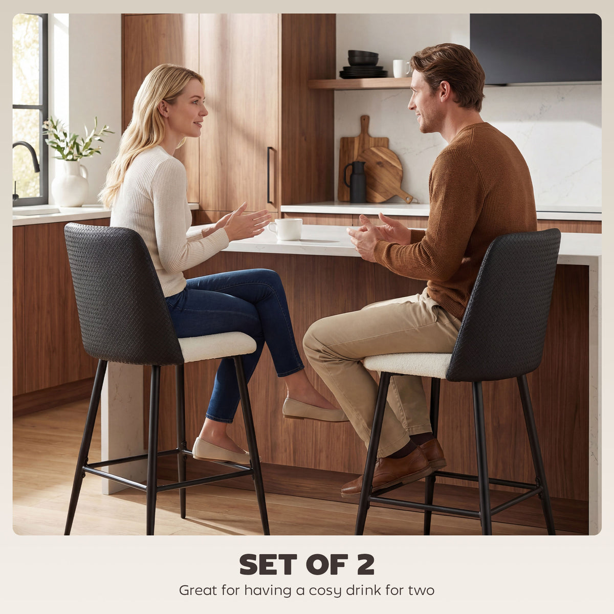 Bar Stools Set of 2, 26" Counter Height Bar Stools with PU Backrest, Linen-look Fabric Seat, Black