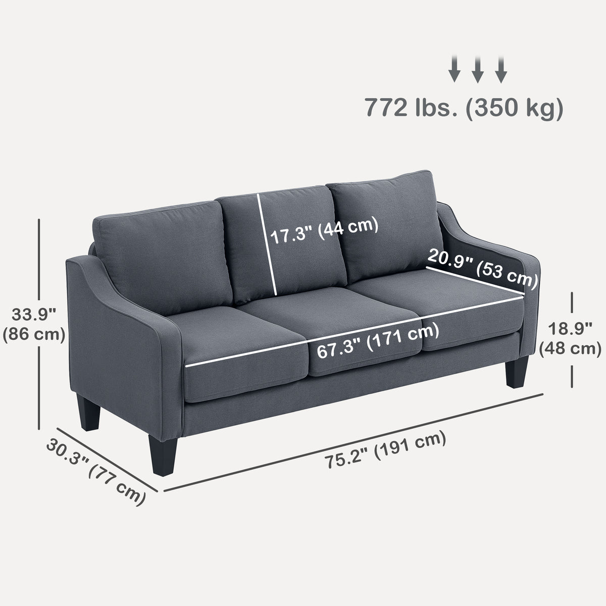 3 Seater Sofa, Modern Couch with Pocket Spring, Linen Upholstered, Thick Padded, Beige – view 9