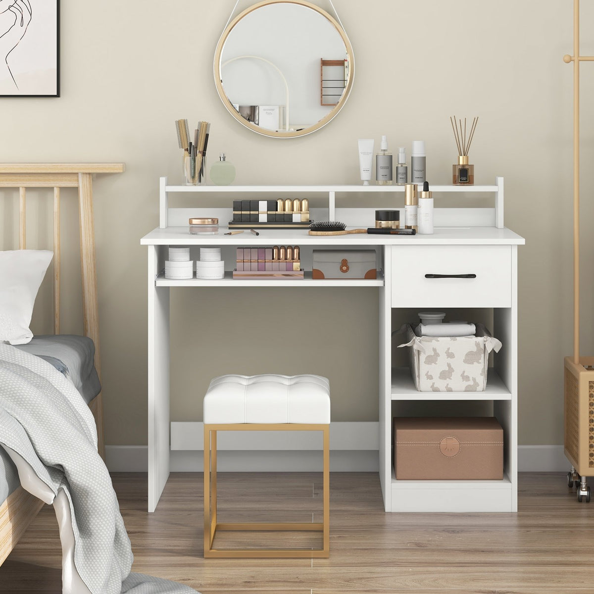 White Desk with Charging Station and Adjustable Shelf for Home Office-White view 2