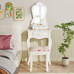 Makeup Dressing Table and Bench 3 Drawers and Cushioned Stool for Girls-White view 3