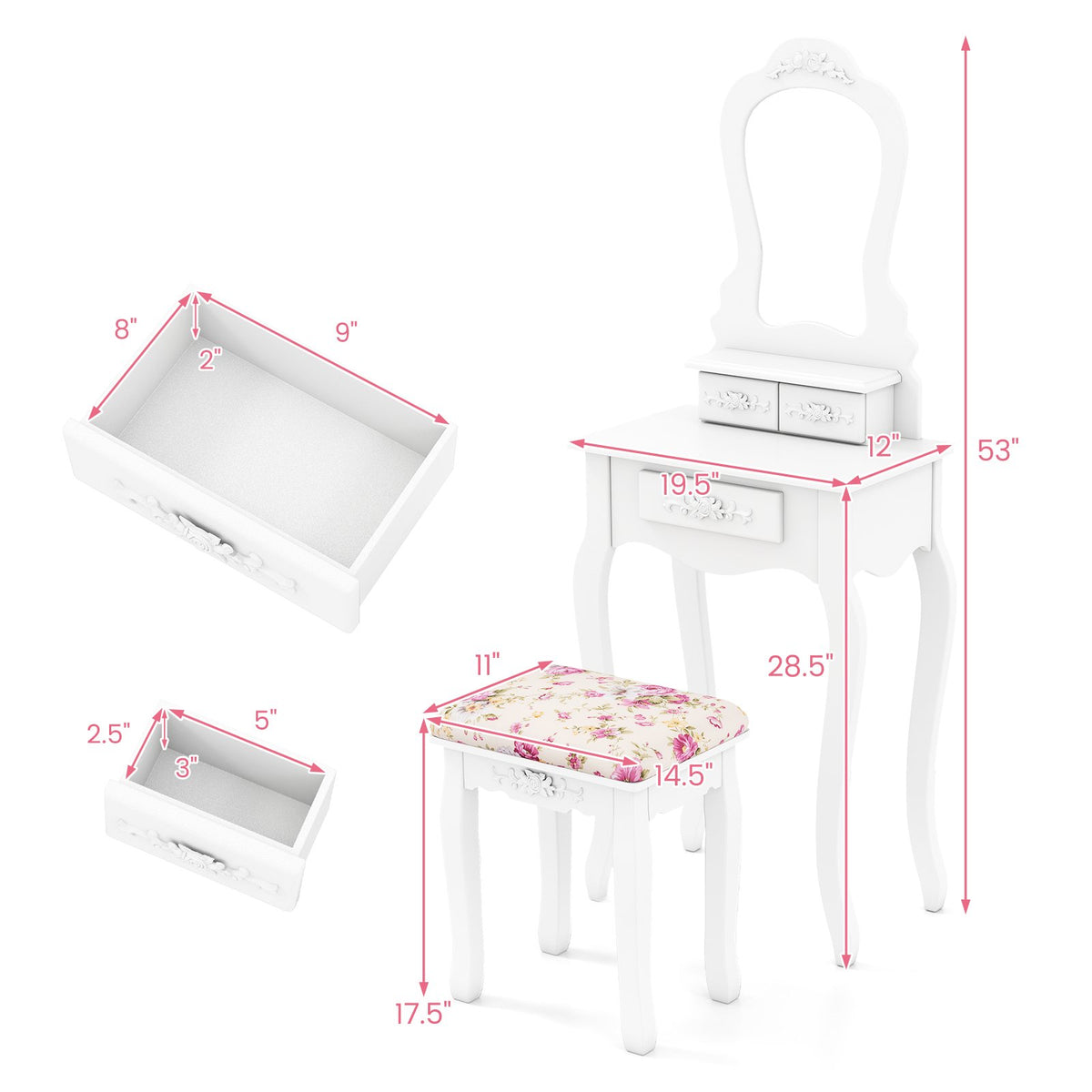 Makeup Dressing Table and Bench 3 Drawers and Cushioned Stool for Girls-White view 5