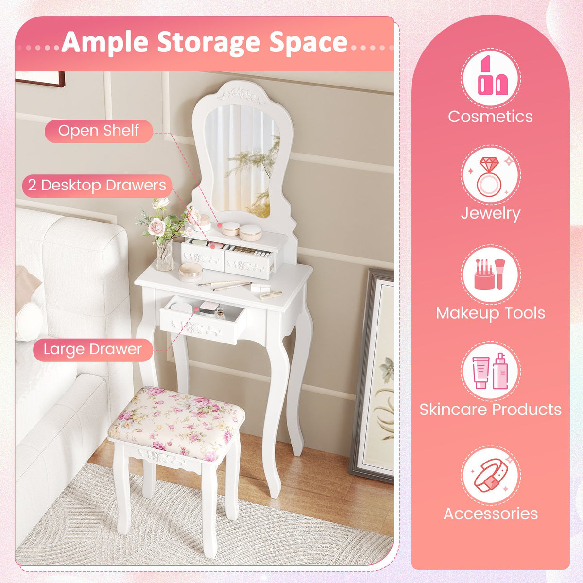 Makeup Dressing Table and Bench 3 Drawers and Cushioned Stool for Girls-White view 7