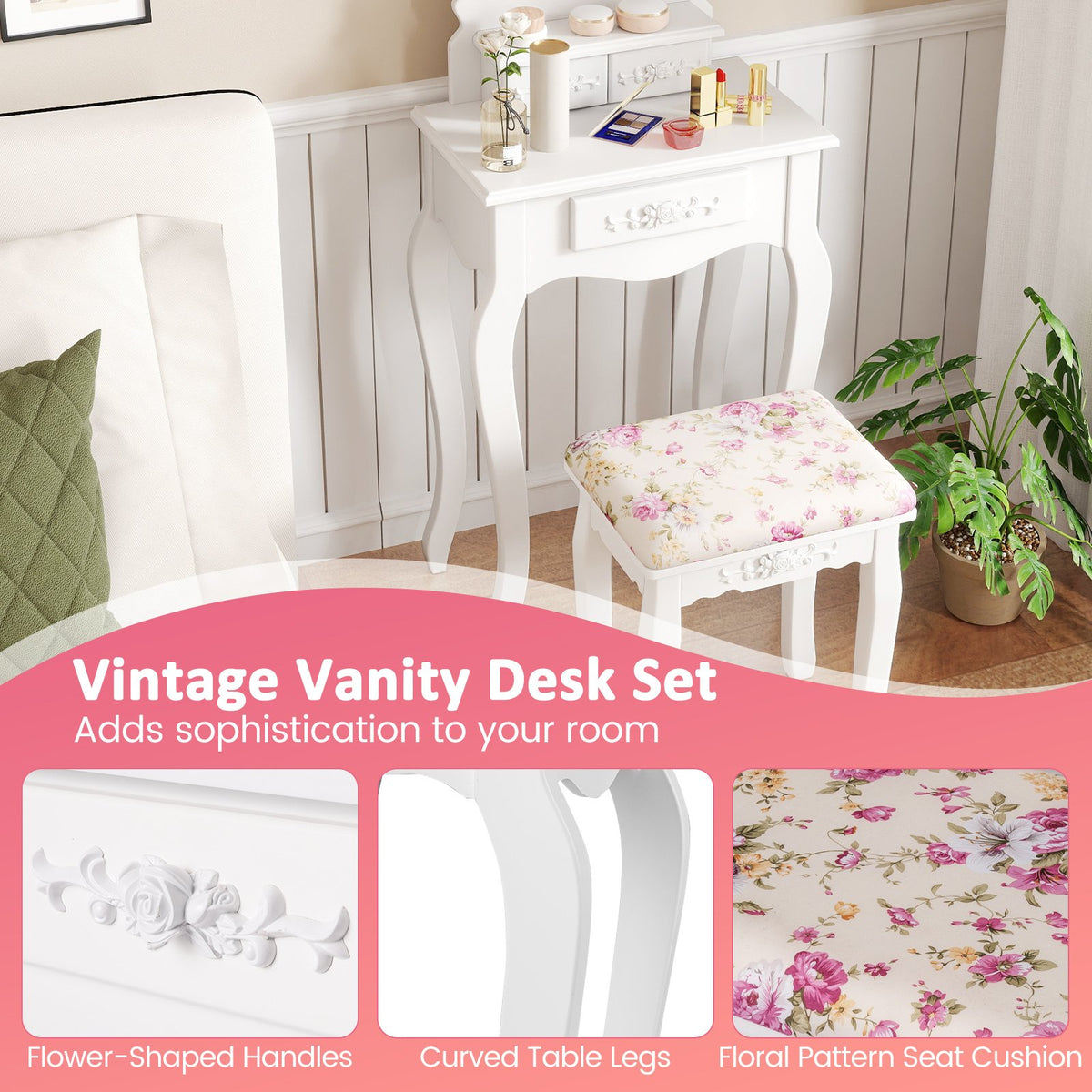 Makeup Dressing Table and Bench 3 Drawers and Cushioned Stool for Girls-White view 9