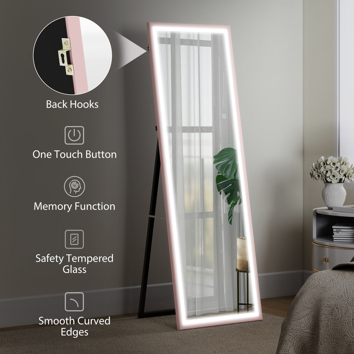 LED Mirror with Dimmable and 3 Colour Lights, 64" x 21" Rectangular Full Body Mirror for Bedroom Living Room, Pink