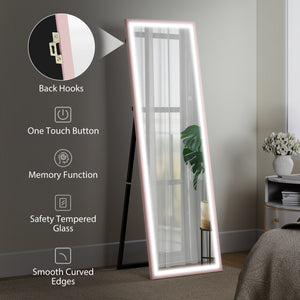 LED Mirror with Dimmable and 3 Colour Lights, 64" x 21" Rectangular Full Body Mirror for Bedroom Living Room, Pink