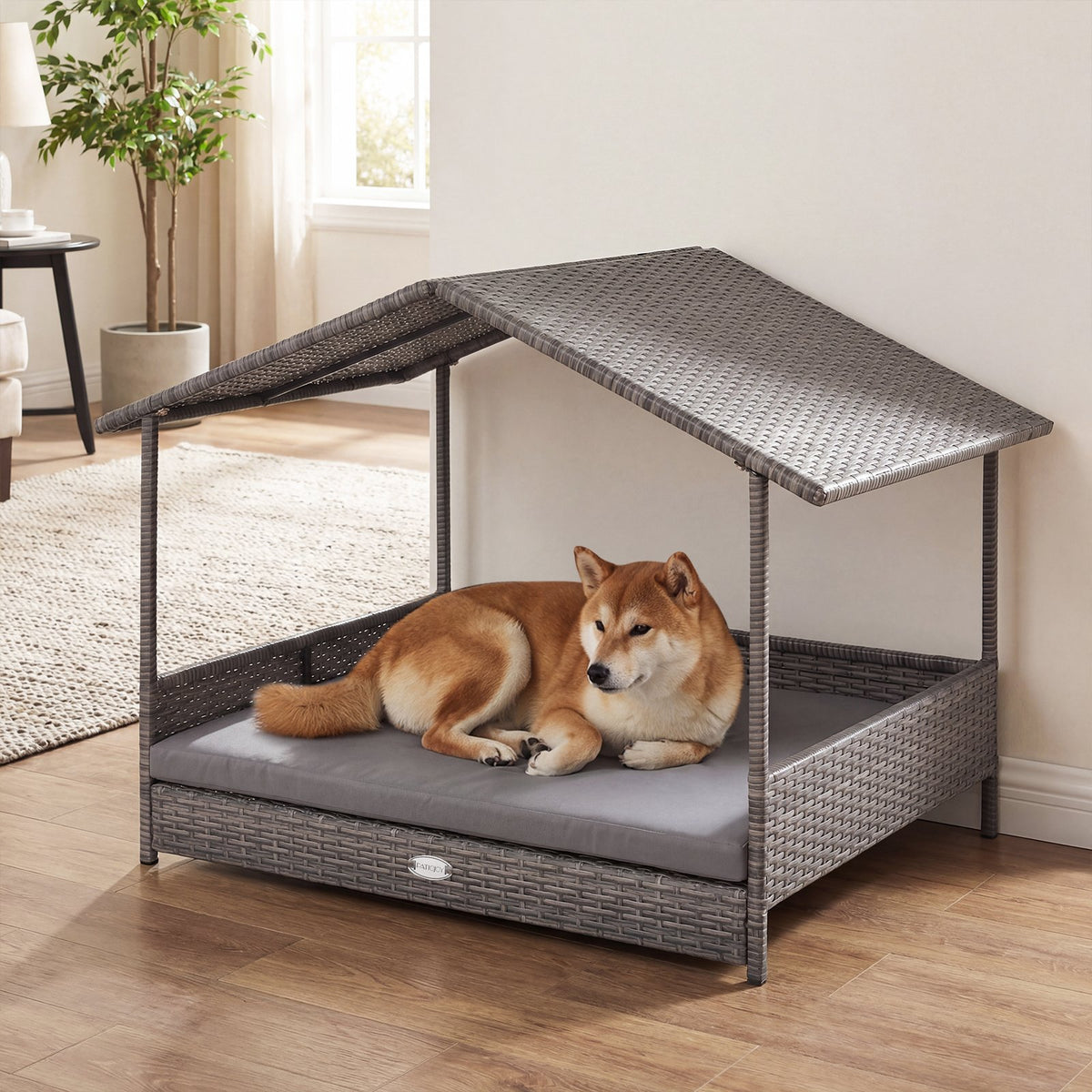 Wicker Dog House Elevated PE Rattan Dog Bed with Canopy-Gray view 3