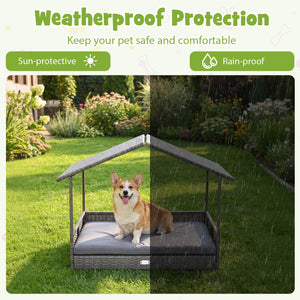 Wicker Dog House Elevated PE Rattan Dog Bed with Canopy-Gray view 7