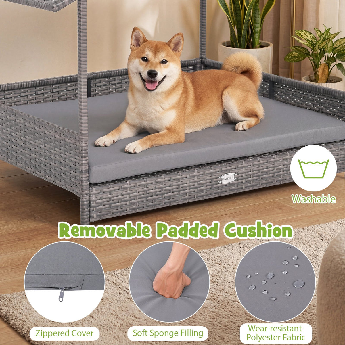 Wicker Dog House Elevated PE Rattan Dog Bed with Canopy-Gray view 9