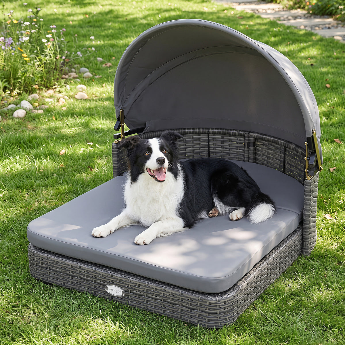 Wicker Dog House with Adjustable Canopy & 2 Detachable Cushions for Small Medium Dogs-Gray view 2
