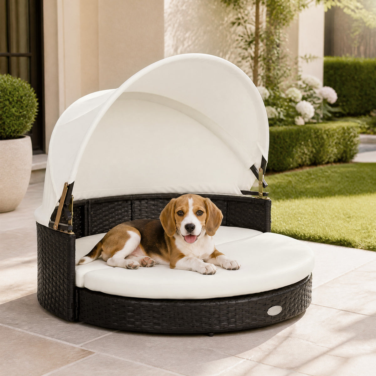 Wicker Dog House with Retractable Canopy & Removable Cushion for Small Medium Dogs-White view 2