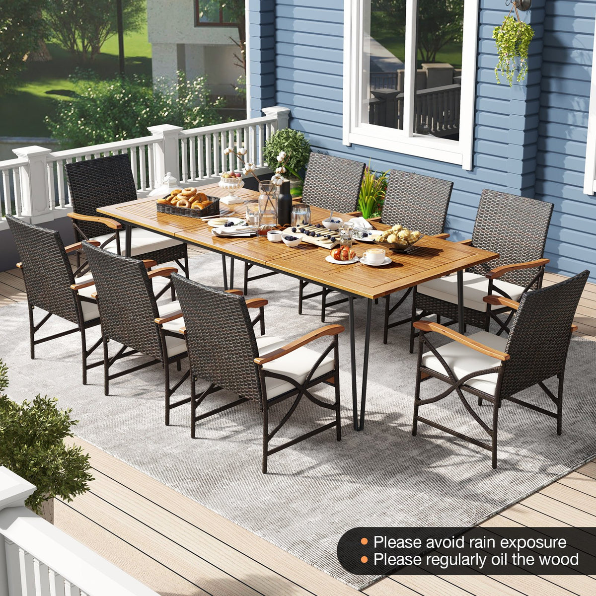 Wicker Patio Furniture Set of 8 Armchairs with Soft Cushions and Acacia Wood Square Table view 2