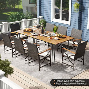 Wicker Patio Furniture Set of 8 Armchairs with Soft Cushions and Acacia Wood Square Table view 2