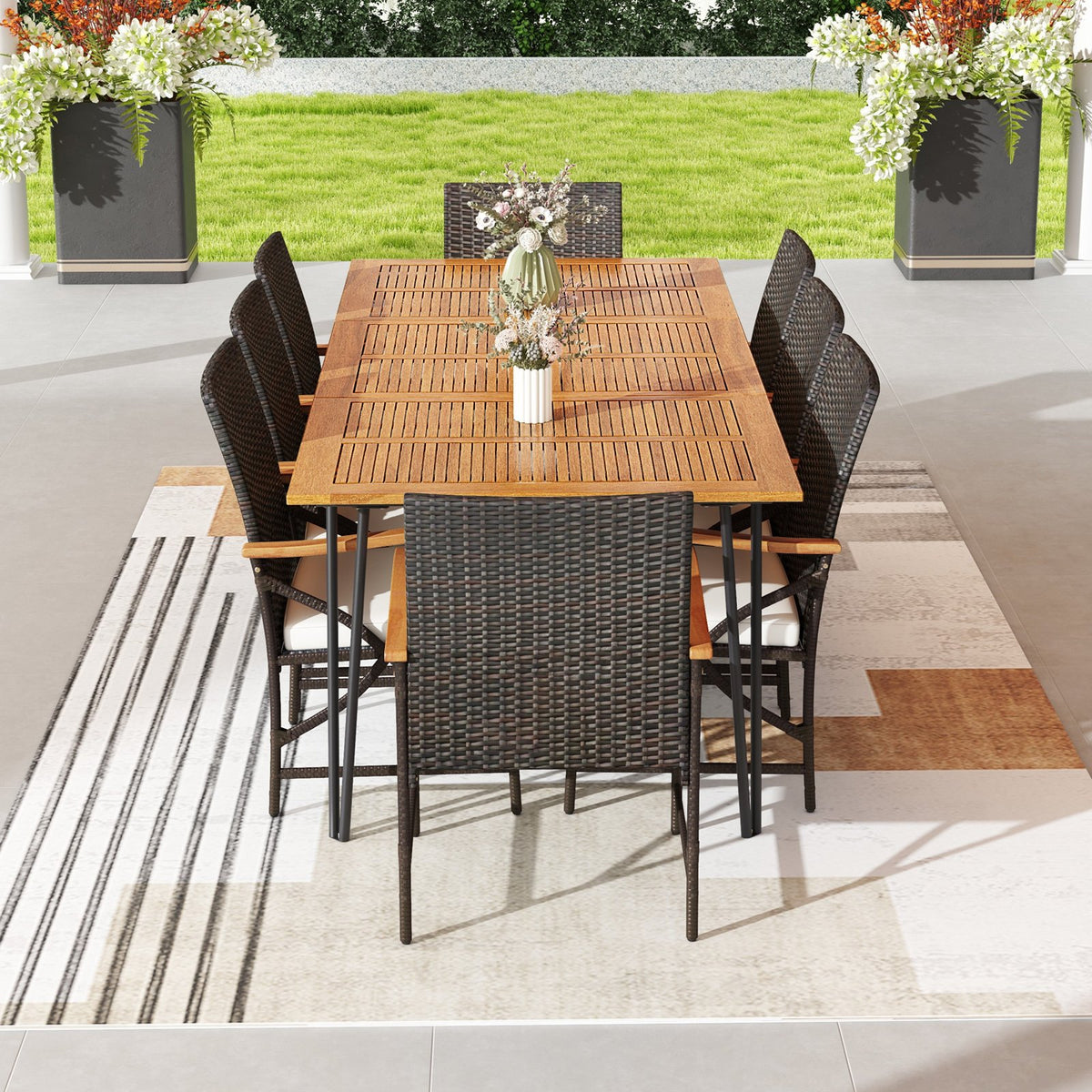 Wicker Patio Furniture Set of 8 Armchairs with Soft Cushions and Acacia Wood Square Table view 3