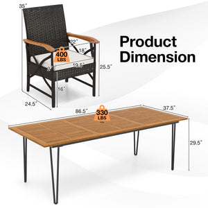 Wicker Patio Furniture Set of 8 Armchairs with Soft Cushions and Acacia Wood Square Table view 5