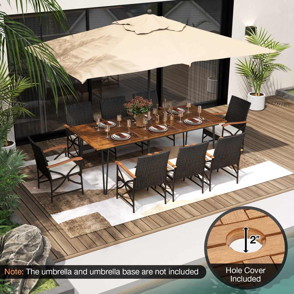 Wicker Patio Furniture Set of 8 Armchairs with Soft Cushions and Acacia Wood Square Table view 6