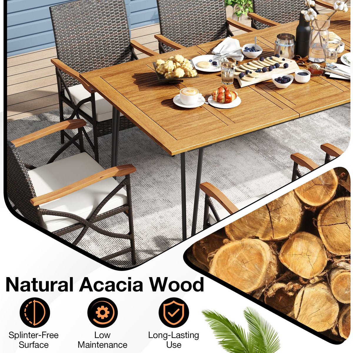 Wicker Patio Furniture Set of 8 Armchairs with Soft Cushions and Acacia Wood Square Table view 7