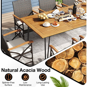 Wicker Patio Furniture Set of 8 Armchairs with Soft Cushions and Acacia Wood Square Table view 7