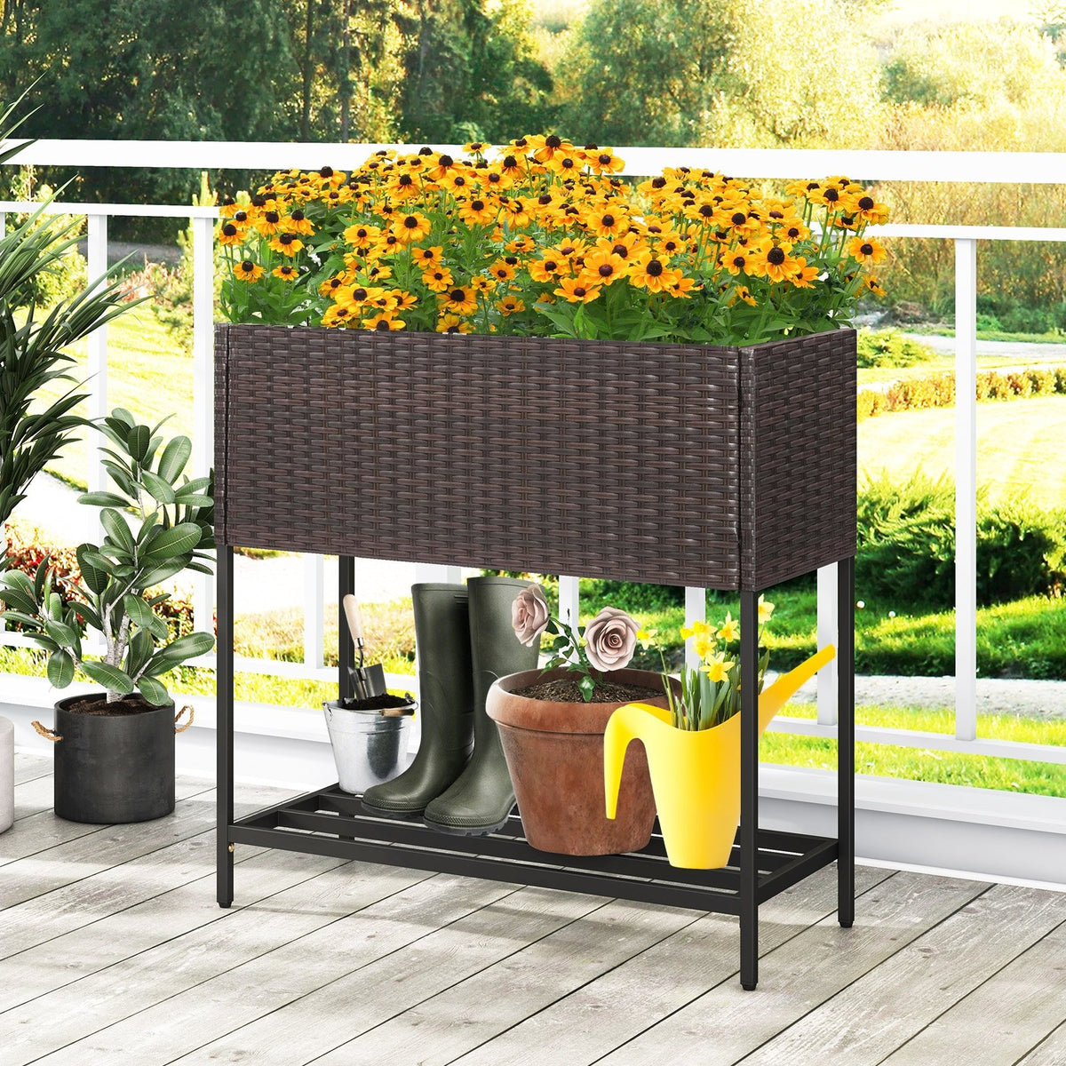 Wicker Raised Garden Bed with Storage Shelf and Removable Liner for Flowers view 2
