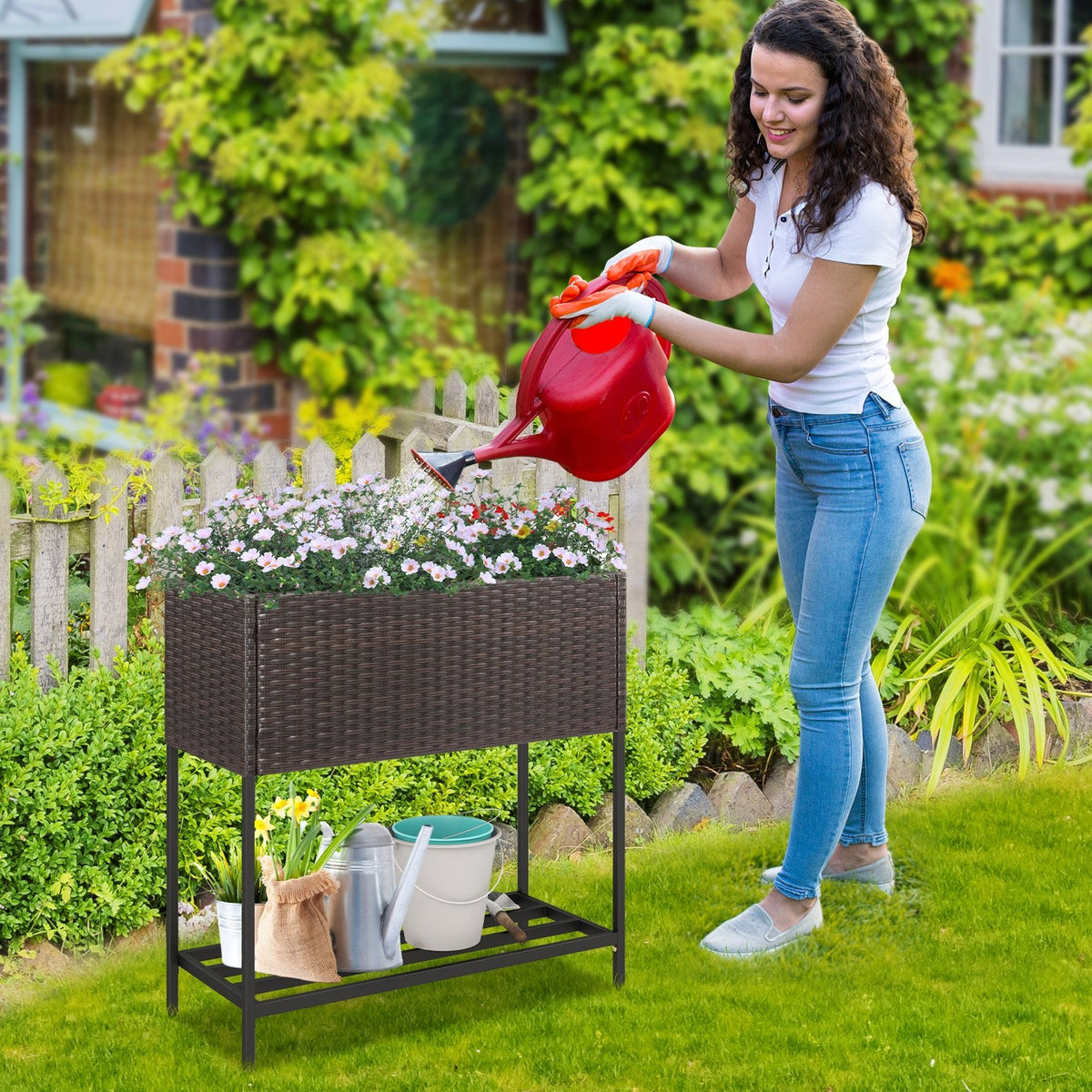 Wicker Raised Garden Bed with Storage Shelf and Removable Liner for Flowers view 3