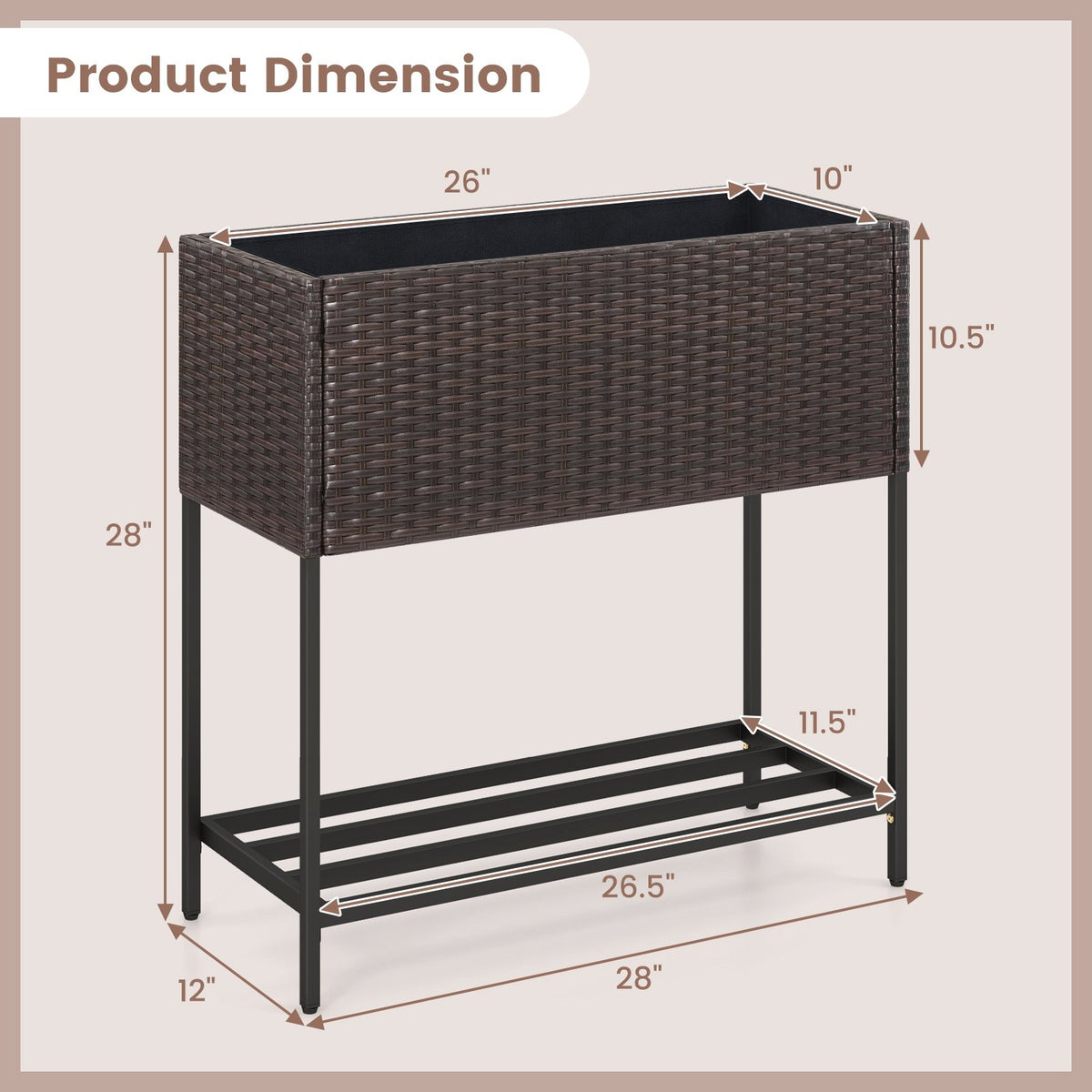 Wicker Raised Garden Bed with Storage Shelf and Removable Liner for Flowers view 5