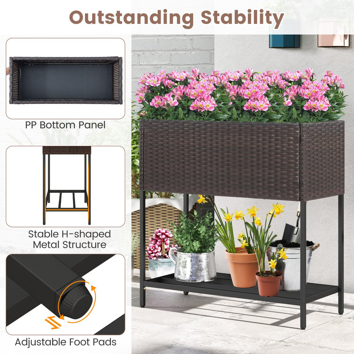 Wicker Raised Garden Bed with Storage Shelf and Removable Liner for Flowers view 6