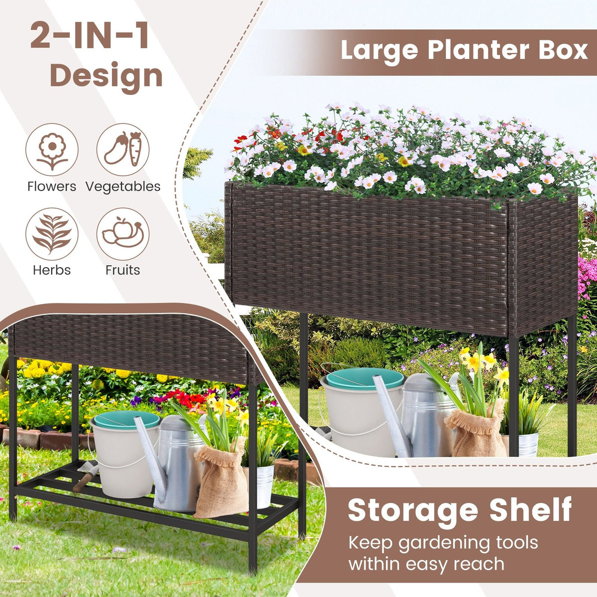 Wicker Raised Garden Bed with Storage Shelf and Removable Liner for Flowers view 7