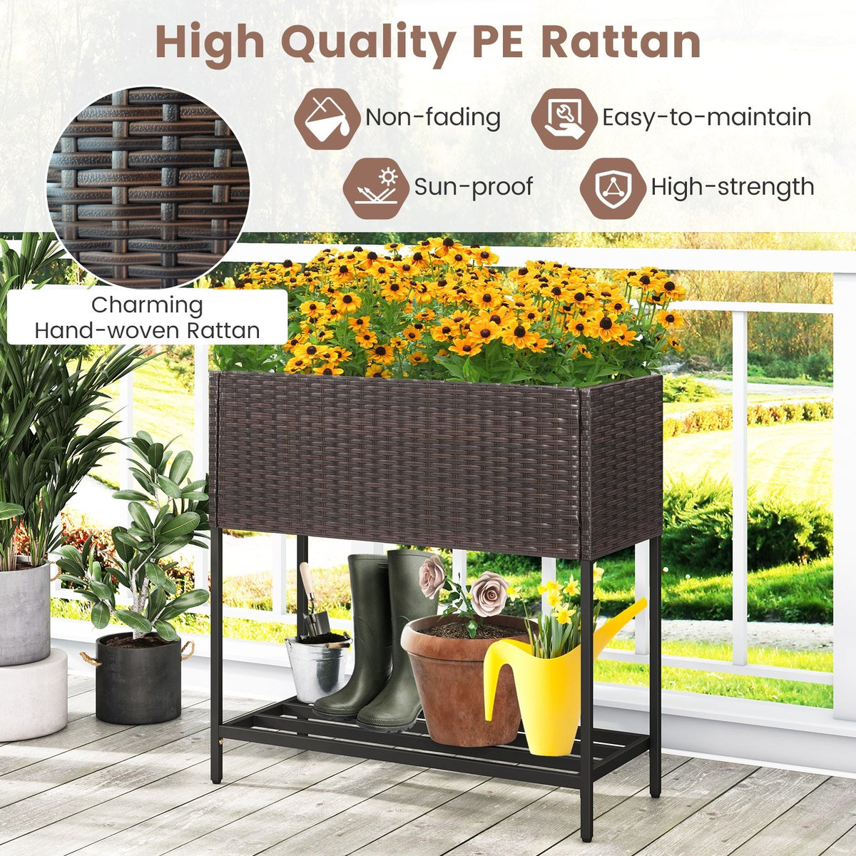 Wicker Raised Garden Bed with Storage Shelf and Removable Liner for Flowers view 9