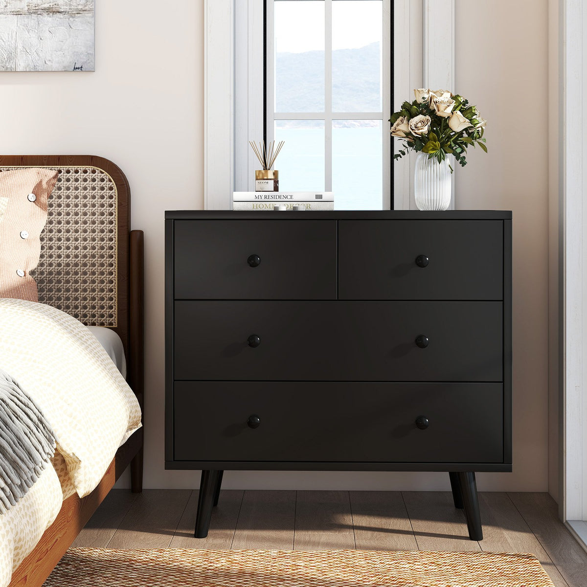 Wide Wooden Dresser with 4 Drawers for Bedroom Living Room-Black view 2