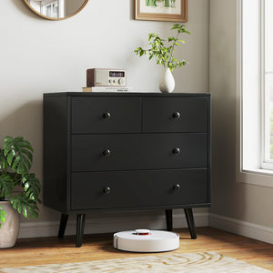 Wide Wooden Dresser with 4 Drawers for Bedroom Living Room-Black view 3