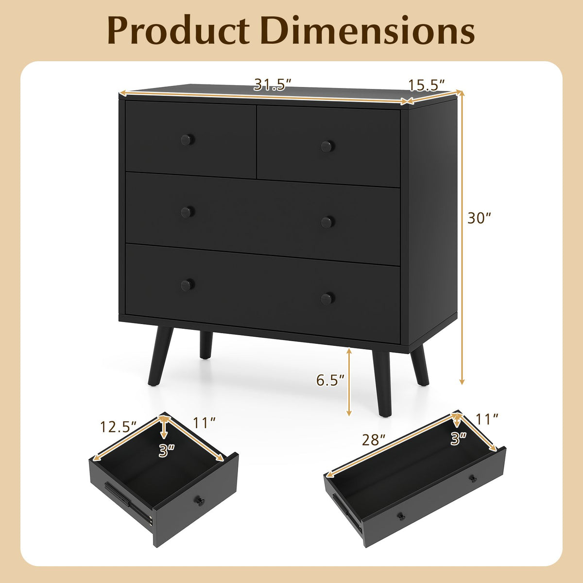 Wide Wooden Dresser with 4 Drawers for Bedroom Living Room-Black view 5