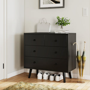 Wide Wooden Dresser with 4 Drawers for Bedroom Living Room-Black view 6