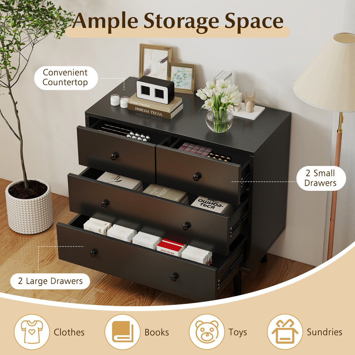 Wide Wooden Dresser with 4 Drawers for Bedroom Living Room-Black view 7