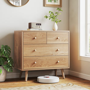 Wide Wooden Dresser with 4 Drawers for Bedroom Living Room-Natural view 3