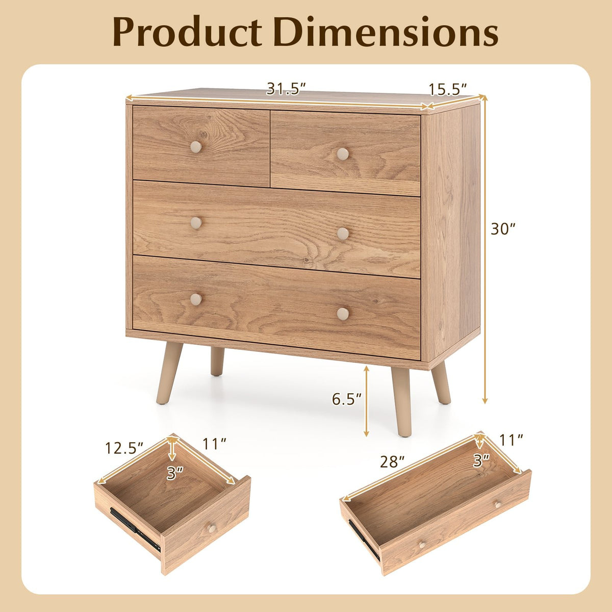 Wide Wooden Dresser with 4 Drawers for Bedroom Living Room-Natural view 5