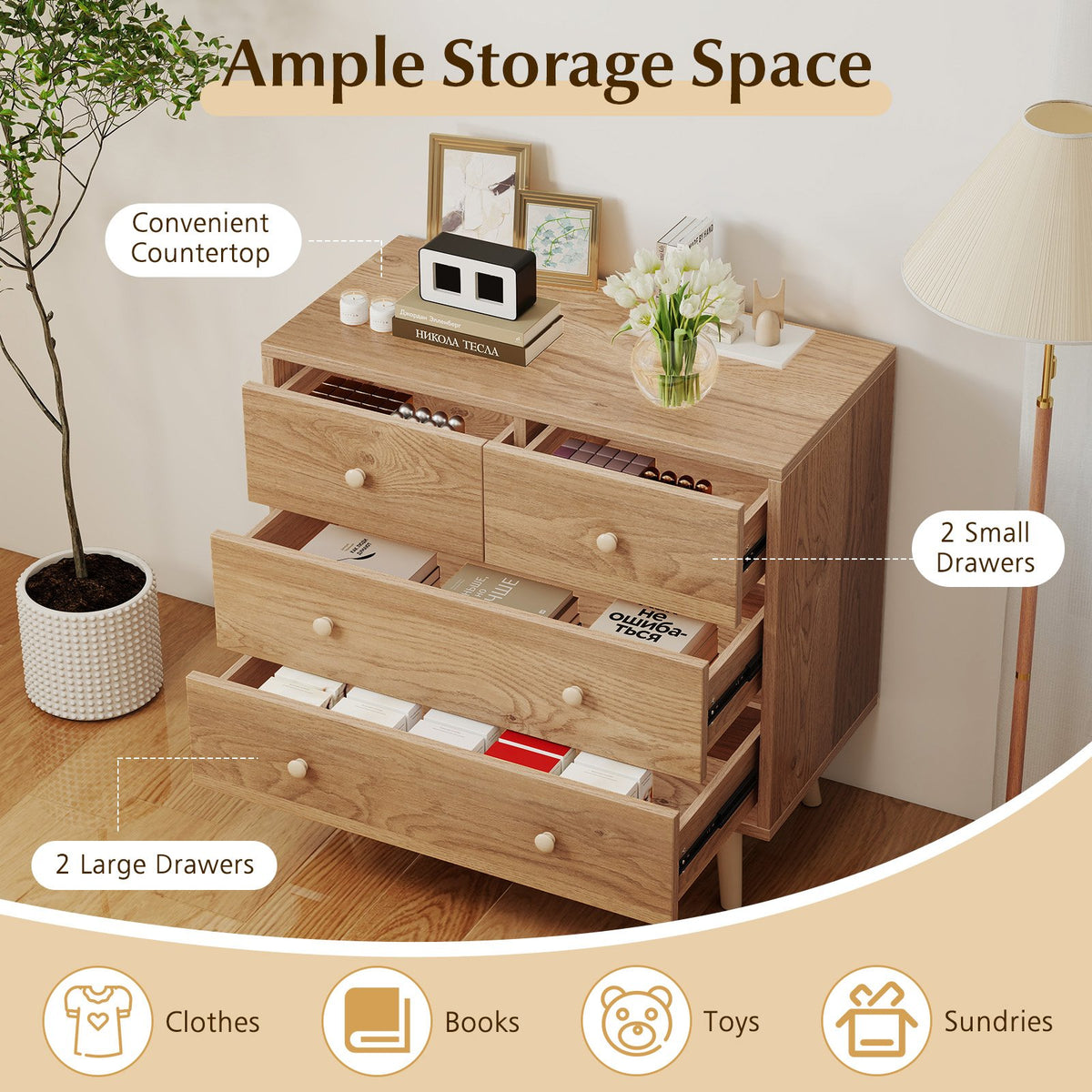 Wide Wooden Dresser with 4 Drawers for Bedroom Living Room-Natural view 7