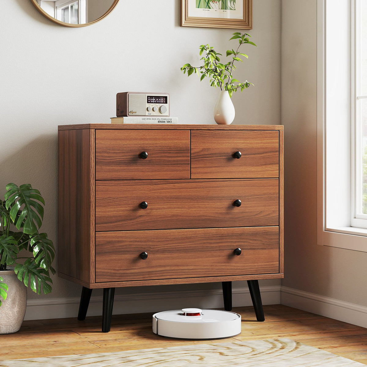 Wide Wooden Dresser with 4 Drawers for Bedroom Living Room-Walnut view 3