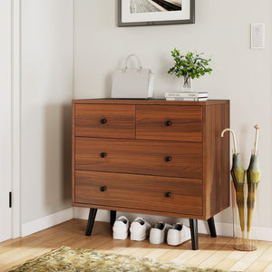 Wide Wooden Dresser with 4 Drawers for Bedroom Living Room-Walnut view 6