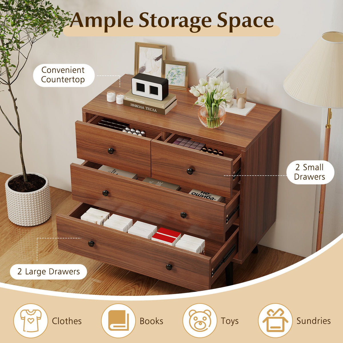 Wide Wooden Dresser with 4 Drawers for Bedroom Living Room-Walnut view 7