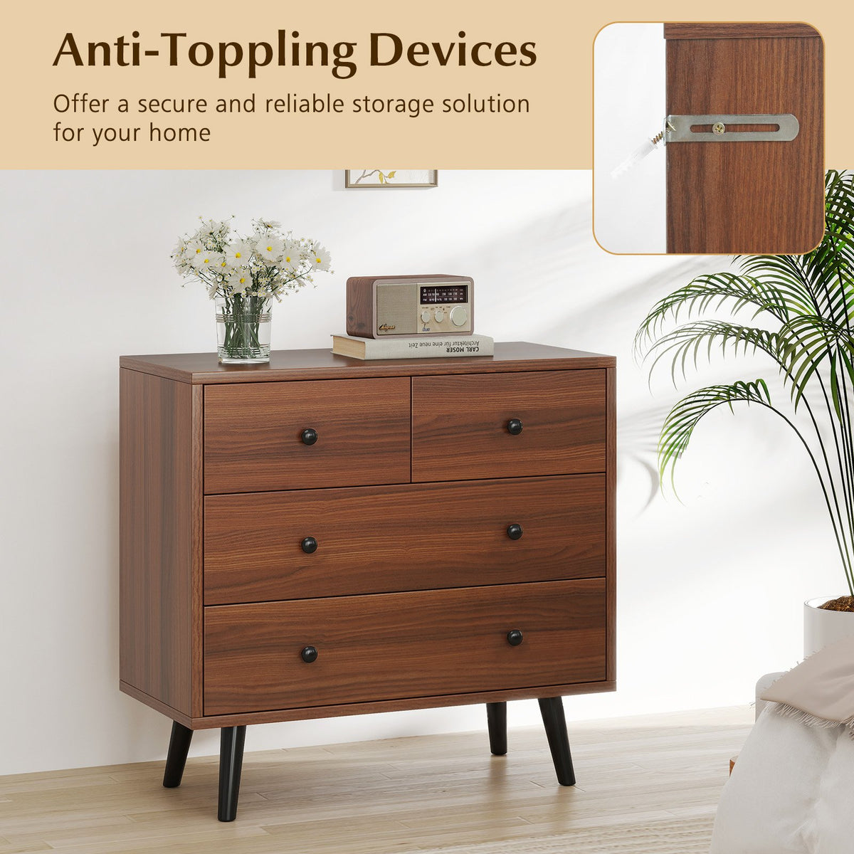 Wide Wooden Dresser with 4 Drawers for Bedroom Living Room-Walnut view 8