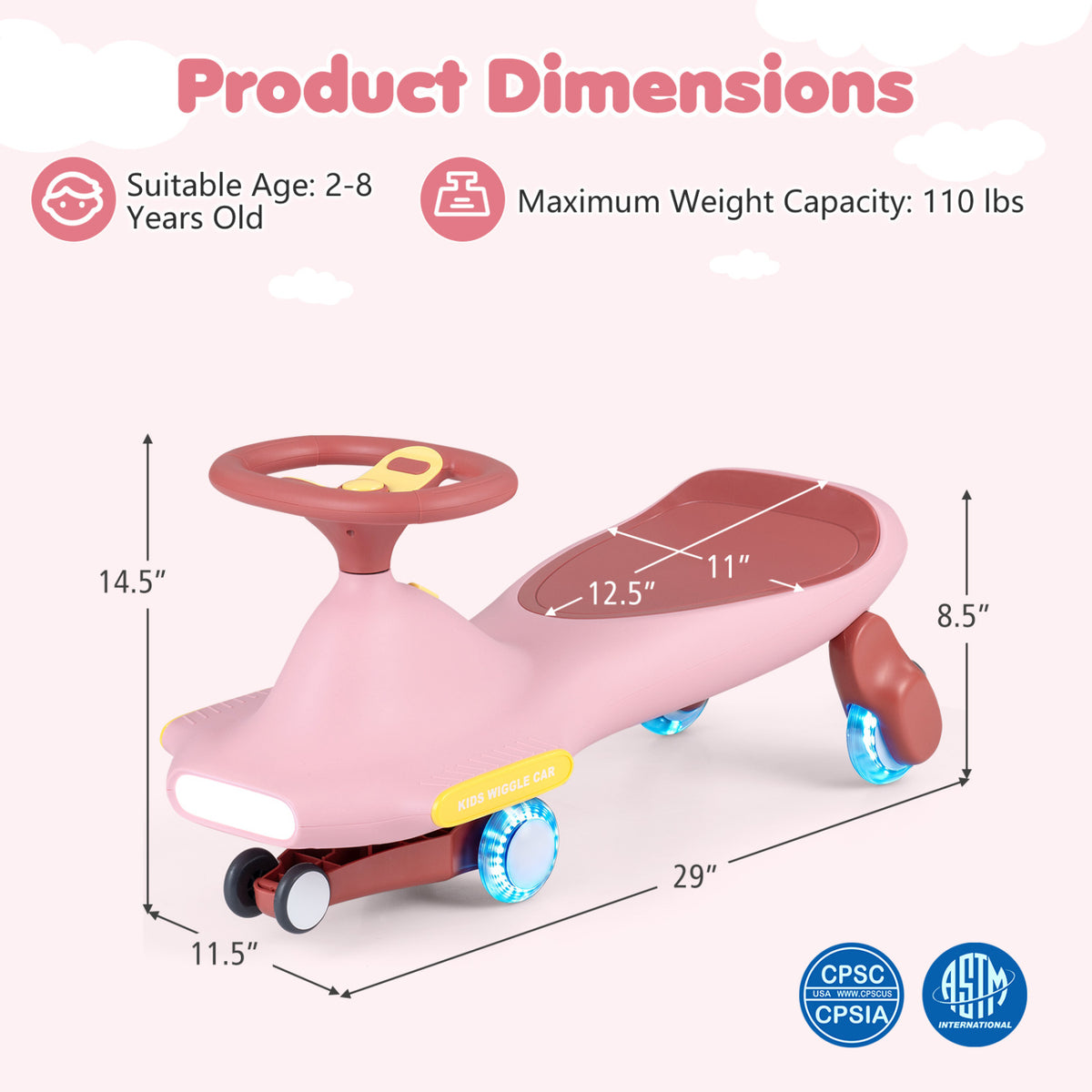 Wiggle Car for Kids with LED Flashing Wheels for Indoor Outdoor Play-Pink view 5